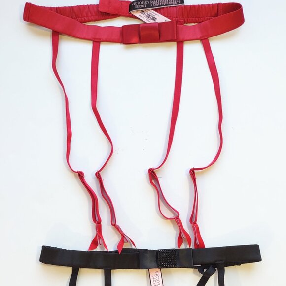 Victoria Secret Very Sexy Red Satin-Black Rhinestone Bow Garter Belts XS/S  2 Pc - Picture 8 of 8